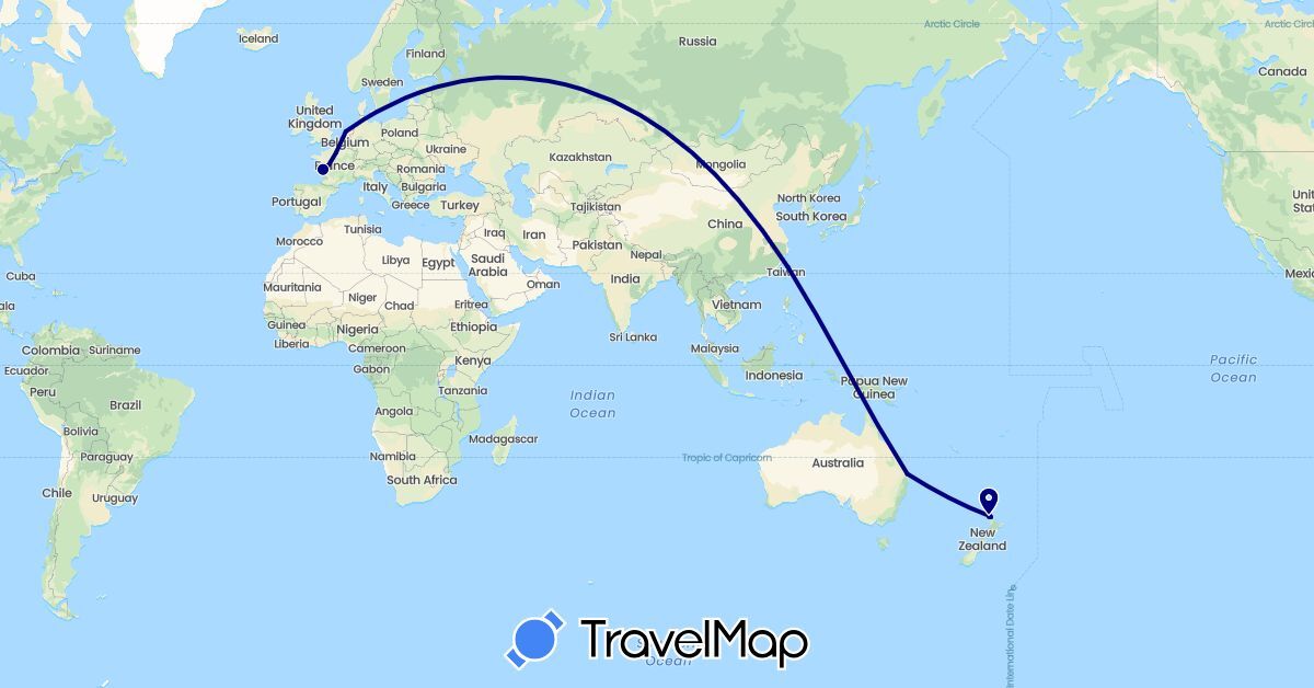 TravelMap itinerary: driving in Australia, France, Netherlands, New Zealand, Taiwan (Asia, Europe, Oceania)